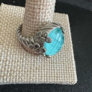 Judith Ripka 925 Silver Turquoise Faceted  Cut Quart Ring w/Diamonique CZ stones